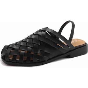 Women's Leather Woven Stretch Ankle Strap Sandals Closed Round Toe Cutout Breathable Flat Mule Slippers Non-Slip Comfortable Slip-On Casual Shoes for Spring Summer Beach in Saudi Arabia