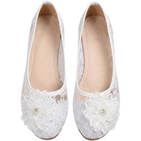 GORGLITTER Women's Lace Shoes 3D Floral Pearl Closed Toe Ballet Flats Comfortable Wedding Dress Shoes in Saudi Arabia