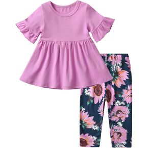 Baby Girl Clothes Infant Toddler Girl Outfit Rufffle Short Sleeve Shirts Top Pants Little Girls Clothes in Kuwait