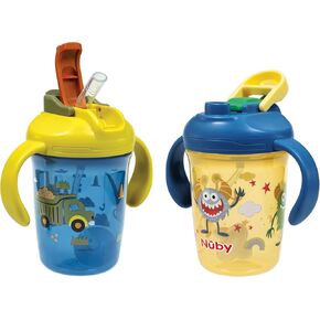 Nuby 2-in-1 Toddler Cup with 360° Weighted Straw & Hard Spout - (2 Pack) 8 oz - Leak-Resistant & Easy Grip Handles - Dishwasher Safe - Jungle/Ocean in Kuwait