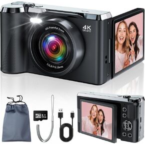 JDZ 4K Digital Camera for Photography and Video, 56MP Autofocus Vlogging Camera for YouTube, 3'' 180° Flip Screen, 16X Zoom, Flash, Compact Travel Camera with 32GB Card for Beginners in Saudi Arabia