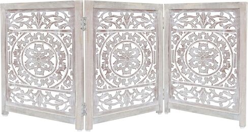 Croft&Cane Wooden Foldable Pet Dog Safety Gate - 3 Panel 20 W x 24 H - Hand Carved Suzani Free Standing Portable Indoor Puppy Gate - Doorway Hall Stairs Dog Fence - Assembled - White Wash in Saudi Arabia