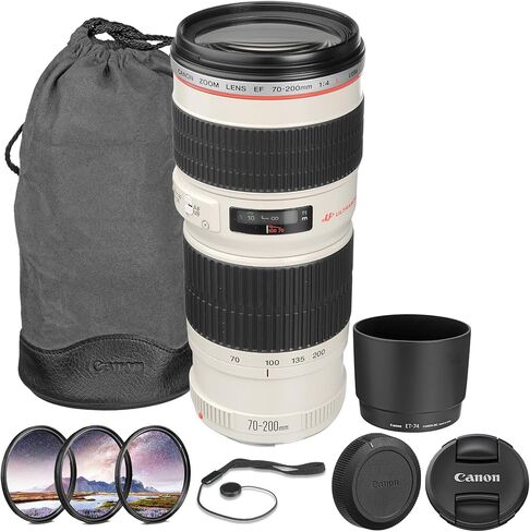 مجموعة عدسات Canon EF 70-200mm f/4L USM | تكبير تليفوتوغرافي احترافي من سلسلة L مع فتحة f/4 ثابتة وتركيز تلقائي USM من النوع الدائري السريع | رائعة للسفر والرياضة (2578A002) + مجموعة الفلتر + المزيد in Kuwait