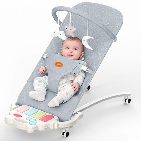Portable Baby Bouncer Seat 0-18 Months,Detachable Piano & Hanging Toys,3-Level Recline (Rock/Fix),Foldable with Quiet Wheels,Baby Shower in Kuwait