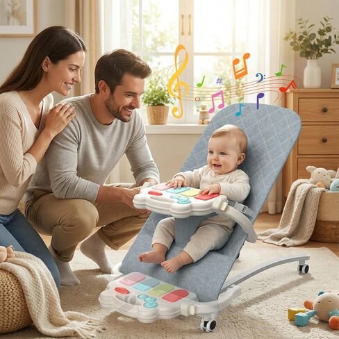 Portable Baby Bouncer Seat 0-18 Months,Detachable Piano & Hanging Toys,3-Level Recline (Rock/Fix),Foldable with Quiet Wheels,Baby Shower in Kuwait