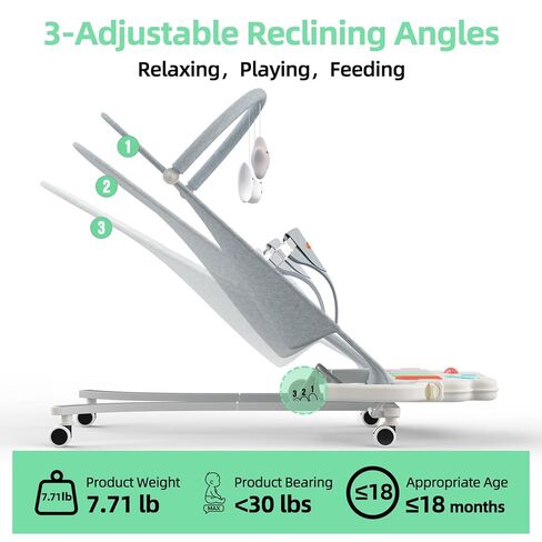Portable Baby Bouncer Seat 0-18 Months,Detachable Piano & Hanging Toys,3-Level Recline (Rock/Fix),Foldable with Quiet Wheels,Baby Shower in Kuwait