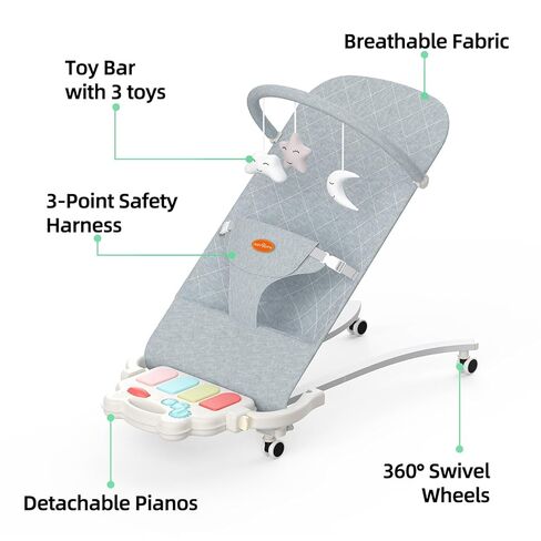 Portable Baby Bouncer Seat 0-18 Months,Detachable Piano & Hanging Toys,3-Level Recline (Rock/Fix),Foldable with Quiet Wheels,Baby Shower in Kuwait