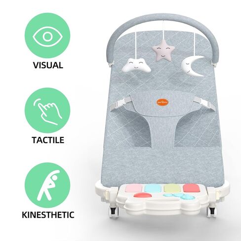 Portable Baby Bouncer Seat 0-18 Months,Detachable Piano & Hanging Toys,3-Level Recline (Rock/Fix),Foldable with Quiet Wheels,Baby Shower in Kuwait