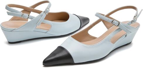 Women's Dress Shoes Low Heels Closed Toe Two-Tone Slingback Wedge Shoes Pointed Jane Pumps with Adjustable Ankle Strap Comfort Low Heel Dress Shoes for Work Date Wedding in Kuwait