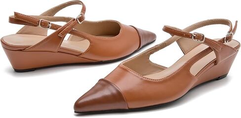 Women's Dress Shoes Low Heels Closed Toe Two-Tone Slingback Wedge Shoes Pointed Jane Pumps with Adjustable Ankle Strap Comfort Low Heel Dress Shoes for Work Date Wedding in Saudi Arabia