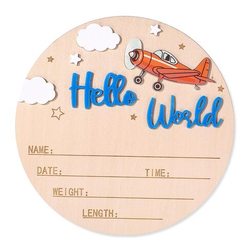 Newborn Announcement Sign, 15cm/5.91 Inch Wooden Hello World Sign Newborn Welcome Plaques Birth Baby Name Plaques for Photo Props Hospital Nursery Gift (Dark Blue) in Kuwait