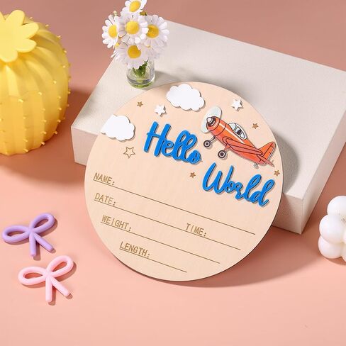 Newborn Announcement Sign, 15cm/5.91 Inch Wooden Hello World Sign Newborn Welcome Plaques Birth Baby Name Plaques for Photo Props Hospital Nursery Gift (Dark Blue) in Kuwait
