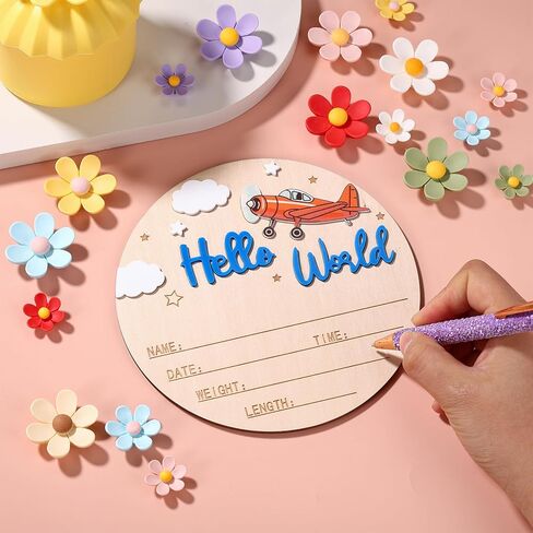 Newborn Announcement Sign, 15cm/5.91 Inch Wooden Hello World Sign Newborn Welcome Plaques Birth Baby Name Plaques for Photo Props Hospital Nursery Gift (Dark Blue) in Kuwait