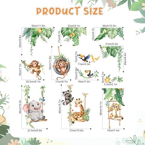 Jungle Animals Swing Wall Decals - Safari Nursery Decor Baby Monkey Elephant Giraffe Cub Tropical Leaves Wall Stickers for Kids Toddlers Baby Nursery Room Decor in Kuwait