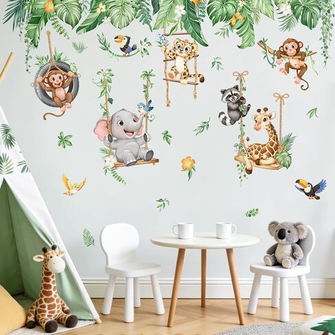 Jungle Animals Swing Wall Decals - Safari Nursery Decor Baby Monkey Elephant Giraffe Cub Tropical Leaves Wall Stickers for Kids Toddlers Baby Nursery Room Decor in Kuwait
