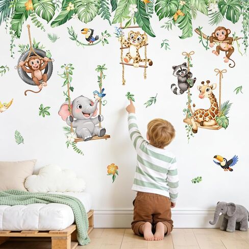 Jungle Animals Swing Wall Decals - Safari Nursery Decor Baby Monkey Elephant Giraffe Cub Tropical Leaves Wall Stickers for Kids Toddlers Baby Nursery Room Decor in Kuwait