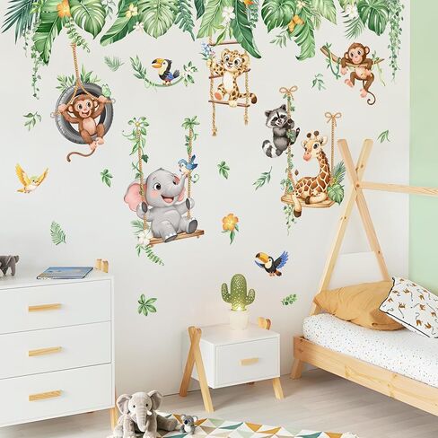 Jungle Animals Swing Wall Decals - Safari Nursery Decor Baby Monkey Elephant Giraffe Cub Tropical Leaves Wall Stickers for Kids Toddlers Baby Nursery Room Decor in Kuwait