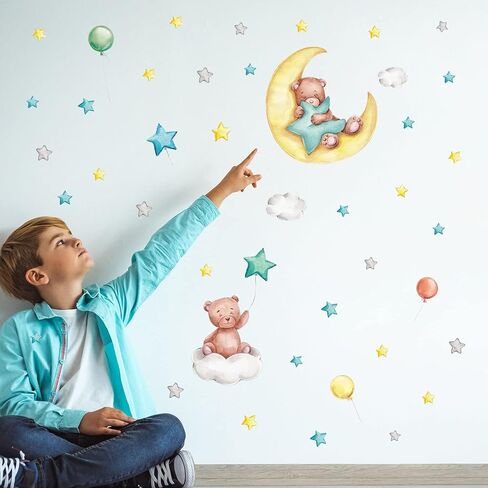 ملصقات حائط متوهجة على شكل دب نائم، مع اثنين من الدببة الصغيرة بأسلوب الرسم، ملصقات حائط بالونات وقمر ونجوم، مناسبة لغرف نوم الفتيات والفتيان ورياض الأطفال وتزيين الجدران in Kuwait