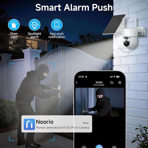 كاميرات Noorio الشمسية الأمنية اللاسلكية في الهواء الطلق، كاميرات WiFi 5G و 2.4G لأمن المنزل، كاميرا خارجية تعمل بالبطارية 1080 بكسل، تخزين محلي قابل للتوسيع، اكتشاف الإنسان بالذكاء الاصطناعي، رؤية ليلية ملونة، SD200 in Kuwait