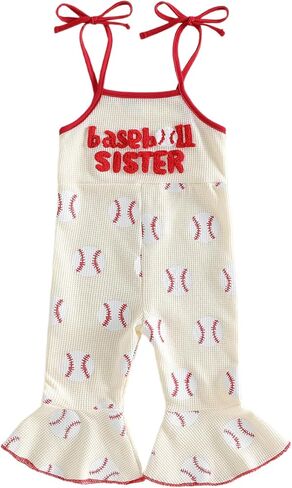Yuemengxuan Baby Girl Baseball Outfit Baseball Sister Embroidery Spaghetti Strap Bell Bottom Romper Toddler Overalls Jumpsuit in Kuwait
