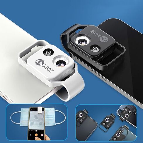 لمجهر الجيب الصغير، ملحقات كاميرا مجهر رقمي للجيب 200x مع عدسة CPL/إضاءة LED، تكبير الهاتف 2x/5x/10x لأجهزة Android/iPhone مع مشبك LED للأشعة فوق البنفسجية (أبيض) in Kuwait