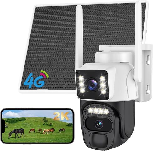 4G LTE Cellular Solar Powered Security Camera Wireless Outdoor, No WiFi Dual Lens Camera, 360 Live View, 2K Color Night Vision, AI PIR Motion Sensor, 2-Way Audio, Built in SIM Card in Kuwait