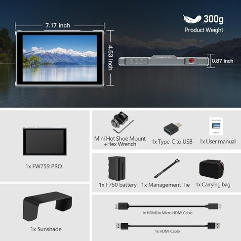 شاشة مراقبة ميدانية للكاميرا مقاس 7 بوصات من Feel WORLD شاشة لمس DSLR شاشة فيديو 4K HDMI مدخل/مخرج مع بطارية F750 حافظة حمل ظلة in Kuwait