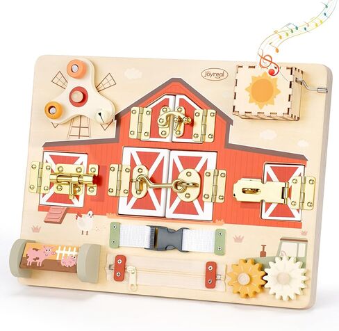 Joyreal Wooden Montessori Busy Board for 1 2 3 Year Old Toddlers, Farm Themed Sensory Toys for Kids, Fine Motor Skills Activity Board with Music Box & Latches, Learning Toys Gift for Autistic Children in Kuwait