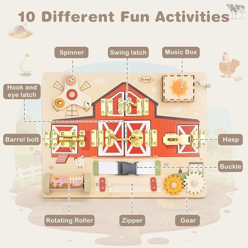 Joyreal Wooden Montessori Busy Board for 1 2 3 Year Old Toddlers, Farm Themed Sensory Toys for Kids, Fine Motor Skills Activity Board with Music Box & Latches, Learning Toys Gift for Autistic Children in Kuwait
