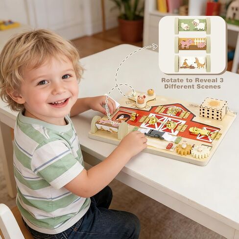 Joyreal Wooden Montessori Busy Board for 1 2 3 Year Old Toddlers, Farm Themed Sensory Toys for Kids, Fine Motor Skills Activity Board with Music Box & Latches, Learning Toys Gift for Autistic Children in Kuwait