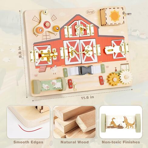 Joyreal Wooden Montessori Busy Board for 1 2 3 Year Old Toddlers, Farm Themed Sensory Toys for Kids, Fine Motor Skills Activity Board with Music Box & Latches, Learning Toys Gift for Autistic Children in Kuwait