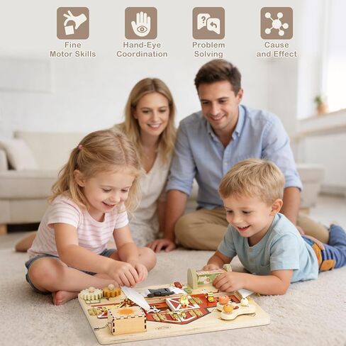 Joyreal Wooden Montessori Busy Board for 1 2 3 Year Old Toddlers, Farm Themed Sensory Toys for Kids, Fine Motor Skills Activity Board with Music Box & Latches, Learning Toys Gift for Autistic Children in Kuwait