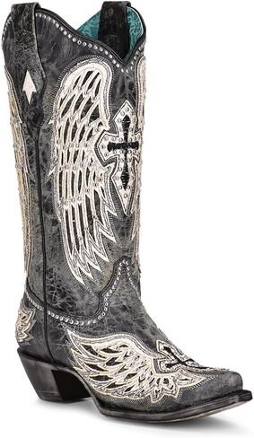 Corral Boots Women's Handcrafted Western Boots | Snip Toe Tall Cowboy Boots with White Cross and Wings Overlay and Studs Design in Kuwait
