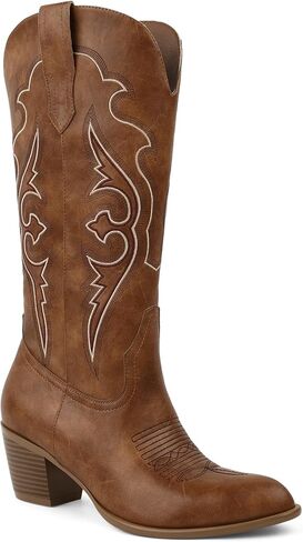 Western Cowboy Boots for Women, Embroidered Cowgirl Boots with Chunky Heel, Comfort Mid Calf Country Boot in Saudi Arabia
