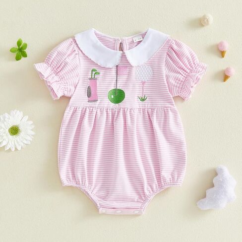 Newborn Infant Baby Girl Golf Outfit Golf Embroidery Short Sleeve Striped Bubble Romper Peter Pan Collar Bodysuit in Kuwait
