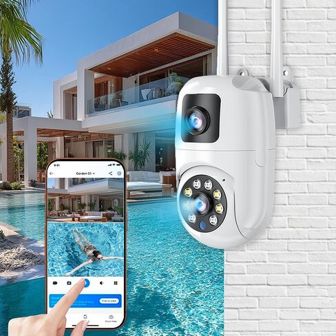 كاميرات أمان بعدسات مزدوجة في الهواء الطلق، فيديو بدقة 2K Full HD، رؤية 360 درجة، كاميرا أمان منزلية واي فاي قابلة للإمالة، رؤية ليلية ملونة، تتبع حركة الذكاء الاصطناعي، إنذار صفارات الإنذار، مقاومة للماء IP66، تخزين سحابي وبطاقة SD، أبيض in Kuwait
