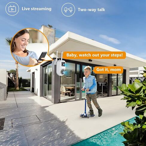 كاميرات أمان بعدسات مزدوجة في الهواء الطلق، فيديو بدقة 2K Full HD، رؤية 360 درجة، كاميرا أمان منزلية واي فاي قابلة للإمالة، رؤية ليلية ملونة، تتبع حركة الذكاء الاصطناعي، إنذار صفارات الإنذار، مقاومة للماء IP66، تخزين سحابي وبطاقة SD، أبيض in Kuwait