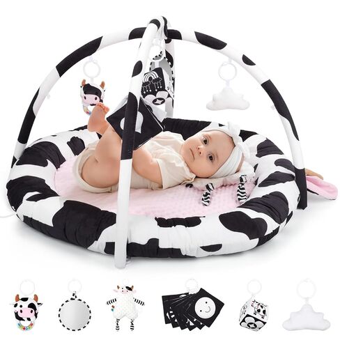 Pink Cow Baby Play Gym & Tummy Time Mat with 6 Sensory Toys - Extra Large Thick Soft Floor Play Mat for Newborn Infants 0-12 Months - Nursery Essential Gift in Kuwait
