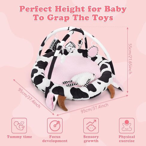 Pink Cow Baby Play Gym & Tummy Time Mat with 6 Sensory Toys - Extra Large Thick Soft Floor Play Mat for Newborn Infants 0-12 Months - Nursery Essential Gift in Kuwait