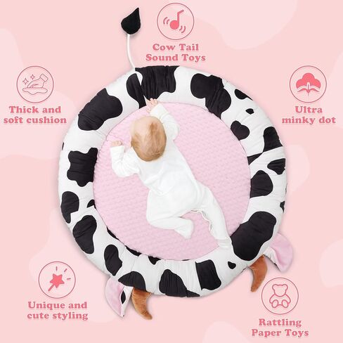 Pink Cow Baby Play Gym & Tummy Time Mat with 6 Sensory Toys - Extra Large Thick Soft Floor Play Mat for Newborn Infants 0-12 Months - Nursery Essential Gift in Kuwait