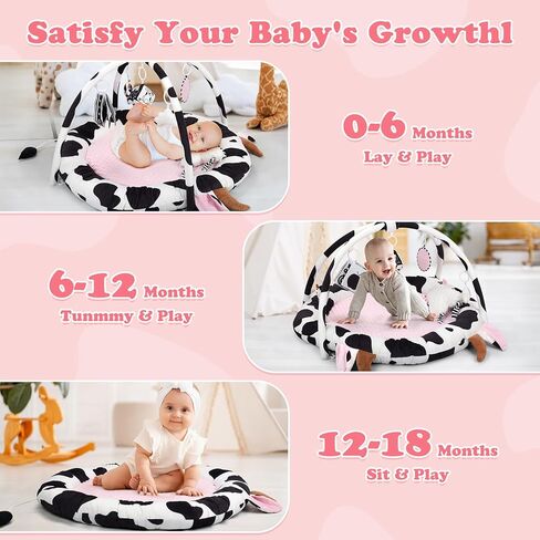 Pink Cow Baby Play Gym & Tummy Time Mat with 6 Sensory Toys - Extra Large Thick Soft Floor Play Mat for Newborn Infants 0-12 Months - Nursery Essential Gift in Kuwait