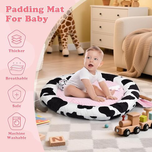 Pink Cow Baby Play Gym & Tummy Time Mat with 6 Sensory Toys - Extra Large Thick Soft Floor Play Mat for Newborn Infants 0-12 Months - Nursery Essential Gift in Kuwait