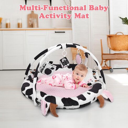 Pink Cow Baby Play Gym & Tummy Time Mat with 6 Sensory Toys - Extra Large Thick Soft Floor Play Mat for Newborn Infants 0-12 Months - Nursery Essential Gift in Kuwait