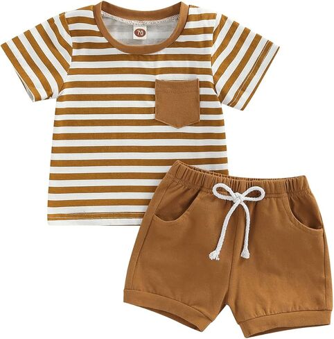 Toddler Baby Boy Summer Clothes Short Sleeve Stripes T-shirt Elastic Waist Pockets Shorts Set 2 Piece Summer Outfit in Kuwait