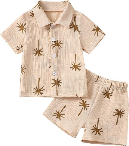 Toddler Baby Boy Summer Outfits Palm Tree Print Button Up T-Shirt and Elastic Shorts Set Cute Infant Clothes in Kuwait