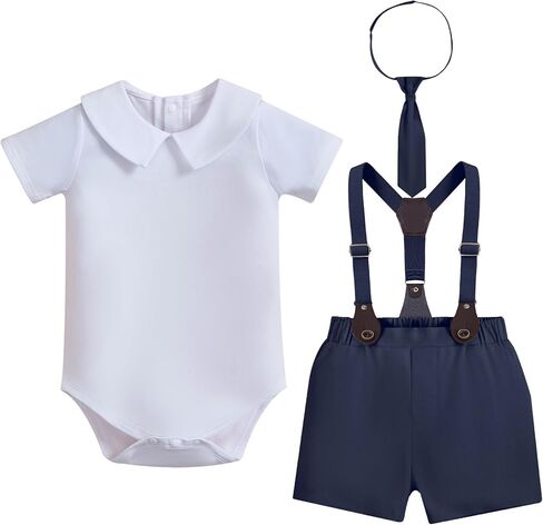 Baby Boys Formal Suit Set Short Sleeve Romper Suspenders Shorts Necktie Infant Gentleman Wedding Outfits in Kuwait