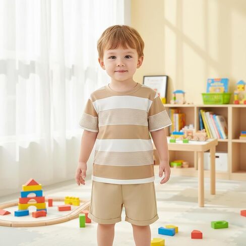 Toddler Boys Outfit Striped T-Shirt Khaki Shorts Kids Summer Play Clothes in Kuwait
