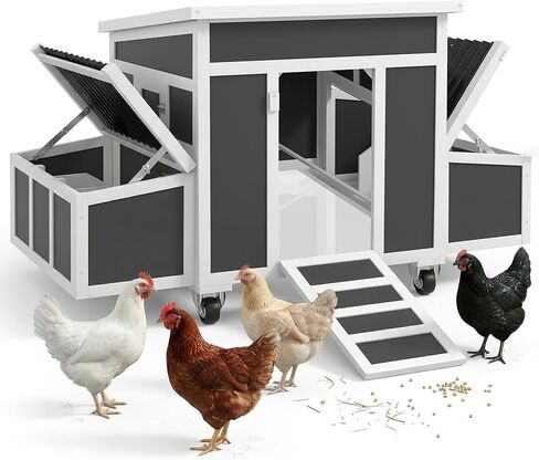 PawHut Wooden Chicken Coop, Chicken Tractor for 6 Chickens, Outdoor Poultry Cage Rabbit Hutch Duck Coop Hen House with Nesting Box, Tray, Windows, Dark Gray in Saudi Arabia