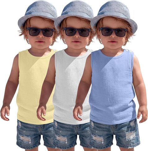 3 Pack Toddler Boys Tank Tops 100% Cotton Sleeveless Undershirts Crew Neck Loose Fit Kids Basic Summer Shirts in Kuwait