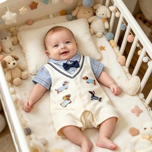 Newborn Baby Boy Summer Romper Dachshund Preppy Fake 2-Piece Outfit Cotton Infant Jumpsuit in Saudi Arabia